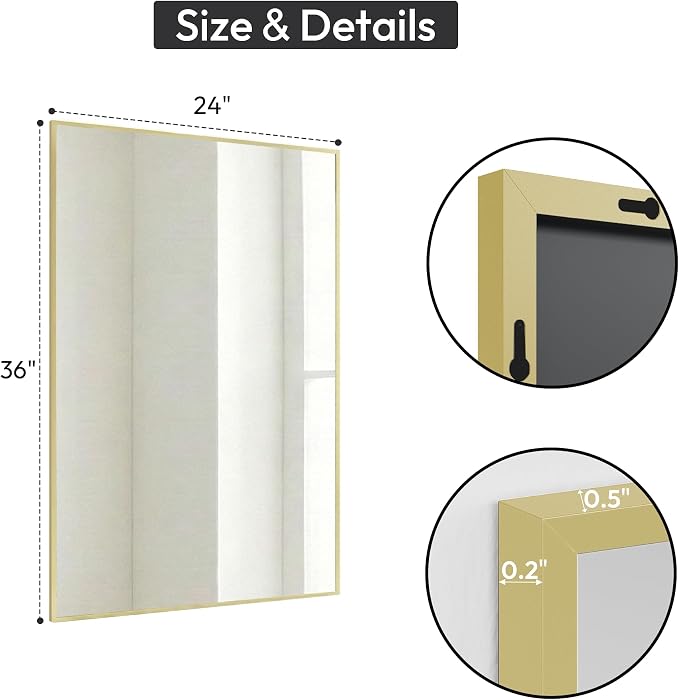 24" x 36" Gold Wall Mirror for Bathroom, 36" x 24" Metal Framed Accent Mirror, Vintage Modern Rectangular Decor for Entryway, Anti-Rust