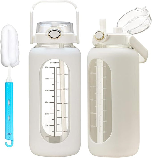 chunmo 42oz/52oz/64oz Glass Water Bolttles with Straw Half Gallon Large Motivational Water Bottle with Time Marker Sports Water Bottles with Silicone Sleeve and Handle Lid Water Jug for Gym Workout