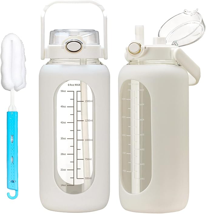 chunmo 42oz/52oz/64oz Glass Water Bolttles with Straw Half Gallon Large Motivational Water Bottle with Time Marker Sports Water Bottles with Silicone Sleeve and Handle Lid Water Jug for Gym Workout
