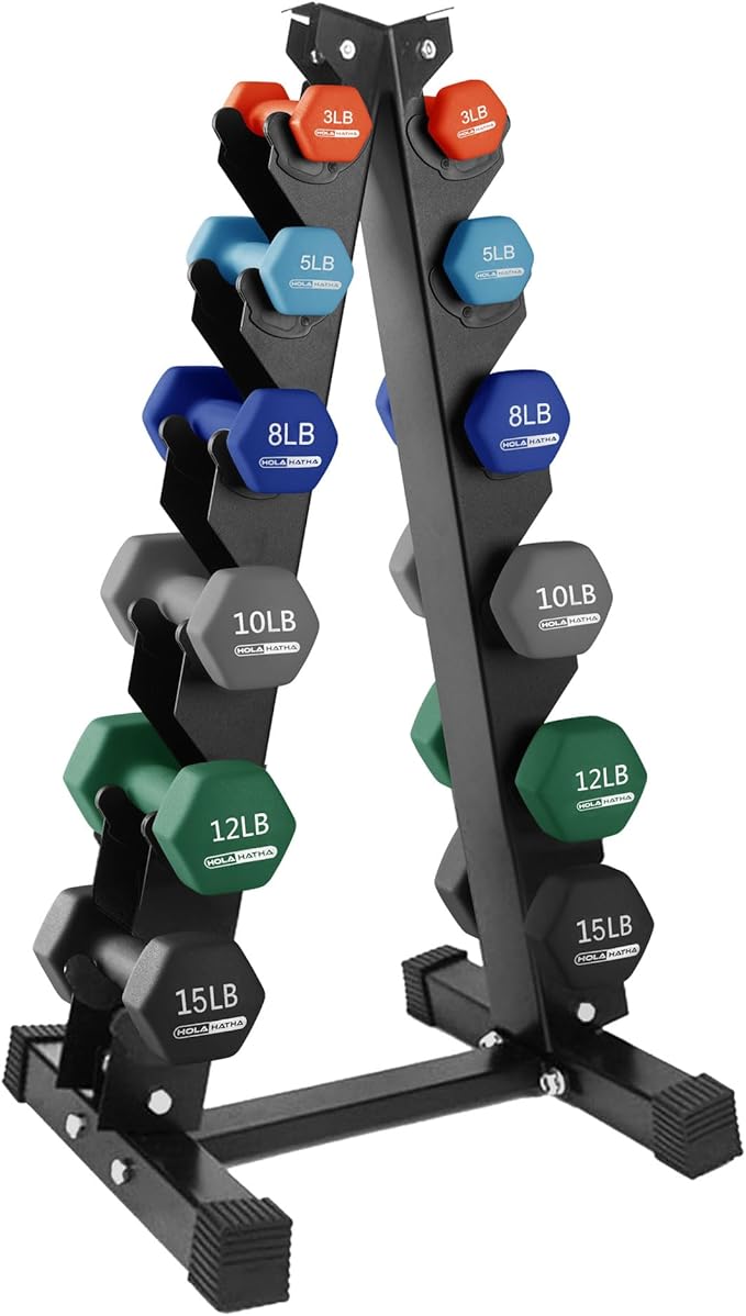 HolaHatha 1, 2 and 3 lb Neoprene Dumbbell Strength Training Weight Set with Rack