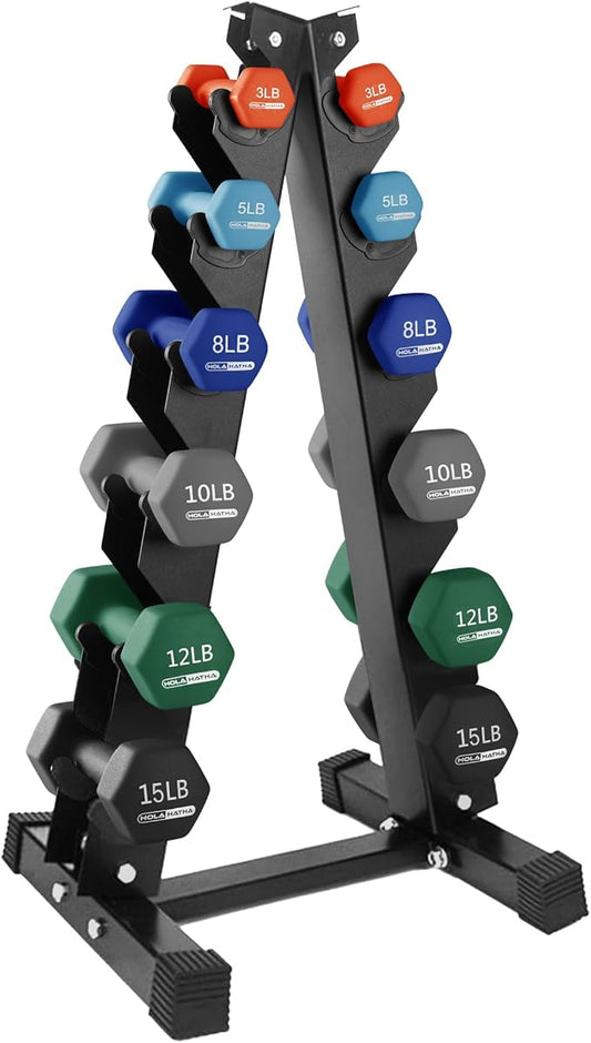HolaHatha 1, 2 and 3 lb Neoprene Dumbbell Strength Training Weight Set with Rack