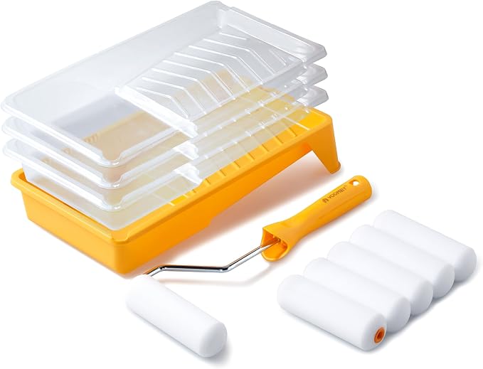 Voomey 11 Pack 4 Inch Paint Roller Kit, Mini Paint Roller Kit | Small Foam Paint Roller Covers, Disposable Plastic Liners & Roller Frame, for Home Decor, Walls and Furniture Painting