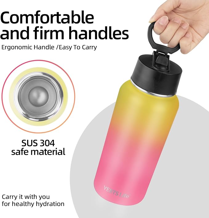 Insulated Water Bottle With Straw, 32 oz Vacuum Insulated Stainless Steel Sports Water Flask, Keeps Cold and Hot, Metal Water Bottle Wide Mouth for Gym Travel Camping (Yellow&Pink)