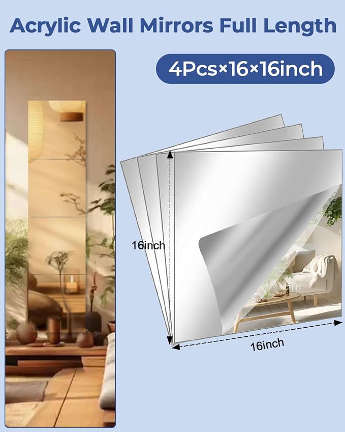 4 Pcs 16" x 16" Acrylic Flexible Mirror Sheets, Peel and Stick Mirror Tiles on Mirrors for Wall, Full Length Body Mirror for Home Gym, Bedroom, Door and Bathroom Decor