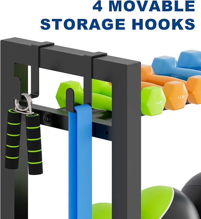 4-Tier Dumbbell Rack with Yoga Mat Holder, Home Gym Weight Rack | Multi-Function Side Storage for Yoga Mats, Foam Rollers & Long Fitness Accessories, 4 Utility Hooks, Heavy-Duty Steel Frame