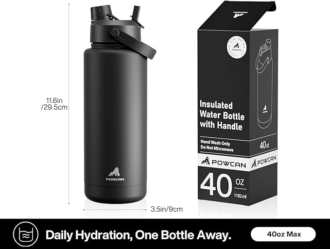 POWCAN 40 oz Insulated Water Bottle with 2-in-1 Straw and Spout Lid, Glow-in-the-Dark, 24H Cold, Leakproof, BPA-Free, Double Wall Stainless Steel for Sports, Gym, Travel, and School (Gilded Flutter)
