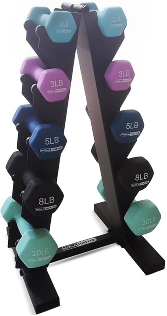 HolaHatha 1, 2 and 3 lb Neoprene Dumbbell Strength Training Weight Set with Rack