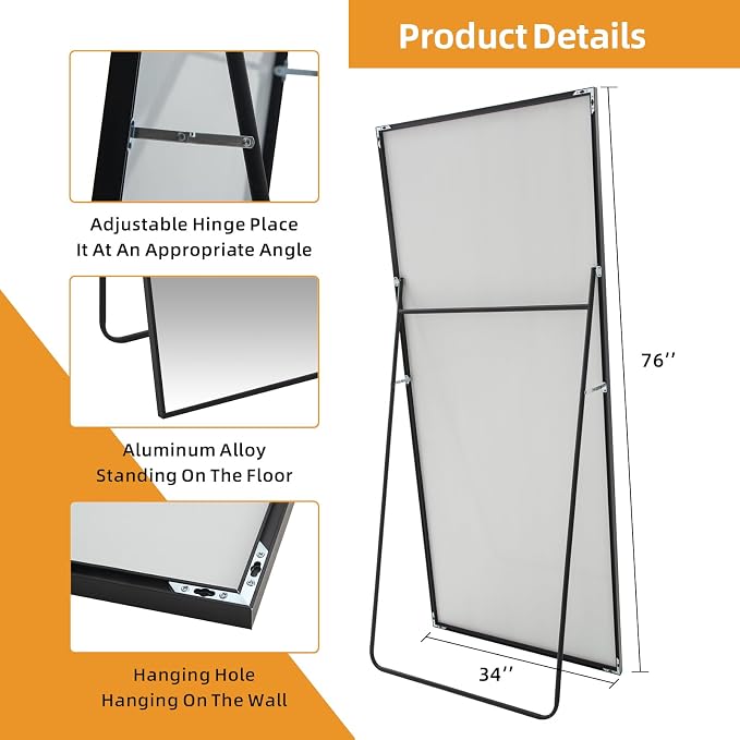 LFT HUIMEI2Y 76"x34" Full Length Mirror, Black Floor Mirror | Tempered Oversized Mirror Full Body with Aluminum Alloy Frame; Standing, Leaning, or Wall Mount for Bedroom, Living Room