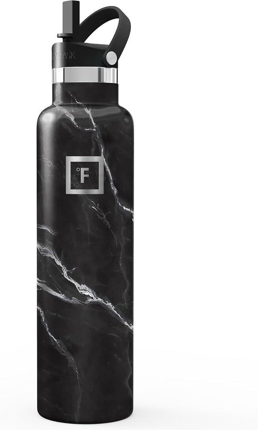 IRON °FLASK 24 oz Narrow Mouth Water Bottle with Straw | Insulated Stainless Steel Sports Water Bottle with Leakproof Straw Lid - BPA Free, Cold 24 Hrs, Sweat Free (Black Marquina)