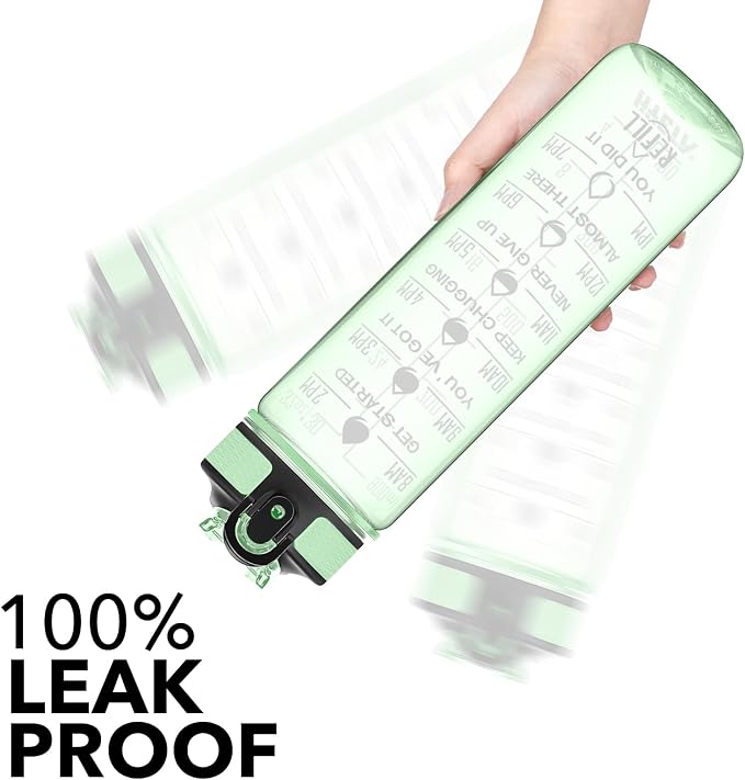 Hyeta Water Bottle with Straw & Time Marker, Plastic 32oz Leakproof | Motivational Tritan BPA Free Gym Office Outdoor Intake Tracker Hourly Reminder Straw Lid Carry Strap
