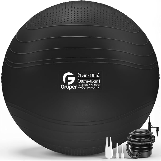 Gruper Yoga Ball, Extra Thick Non Slip Exercise Ball for Workout, Yoga, Pregnancy, 4 Sizes Anti Burst Chair for Home and Office, Includes Foot Pump & Fitness Guide