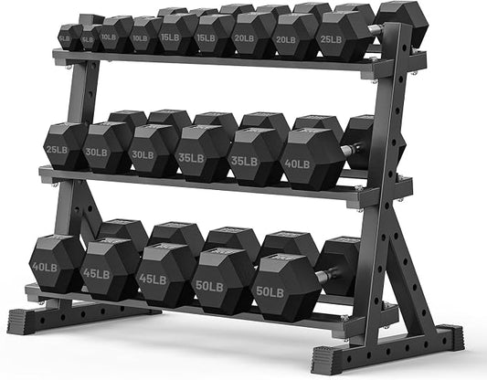 PAPABABE Dumbbell Set with Rack Dumbbells Rubber Encased Home Gym | PAPABABE Complete & Durable Cast Iron Core Odorless PVC Antiroll Hex Shape Ergonomic Chrome Handle Versatile Home Gym