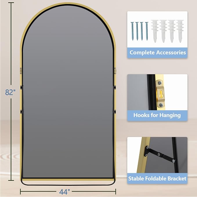 MirrMuse Oversized Arched Full Length Mirror with Stand, 82"X44", Gold | Tempered Glass, Free Standing, for Bedroom Living Room Clothing Store Gym, Aluminum Alloy Frame, Hanging or Leaning
