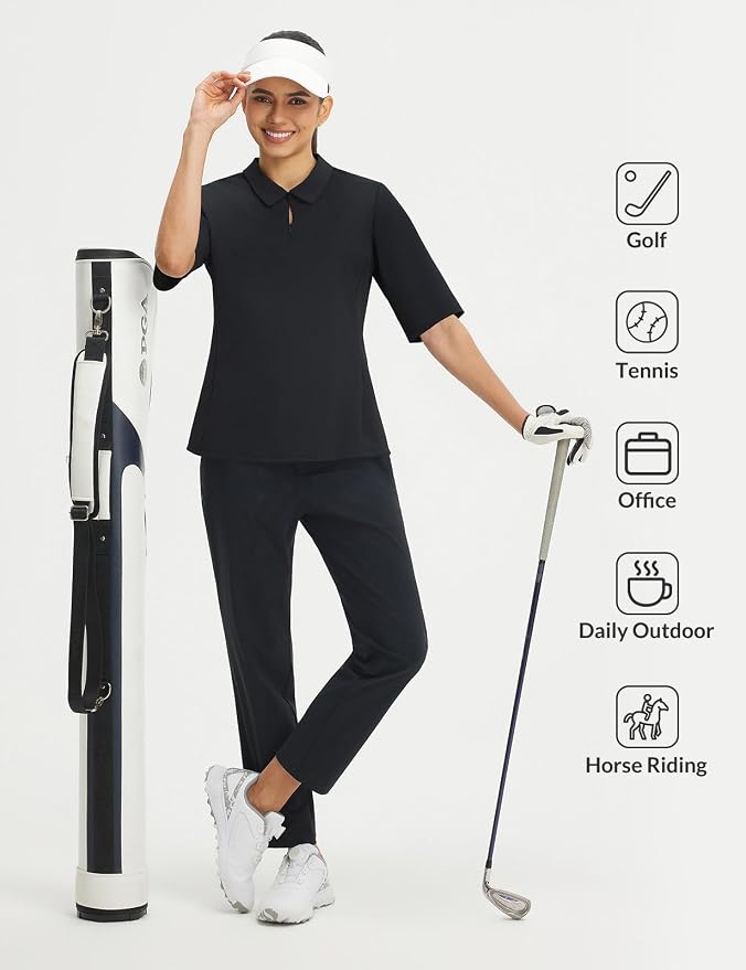 baleaf Womens Golf Shirts Half Sleeve Elbow Length Polo Tops | Stretch, Sun Protection UPF 50+, Quick Dry, Breathable, Moisture Wicking, Quarter Zip V Neck, Ideal for Golf Work Casual