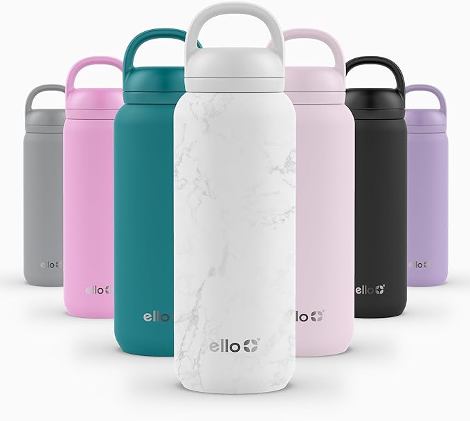 Ello Cooper Twist 32oz Insulated Stainless Steel Chug Water Bottle, White Marble