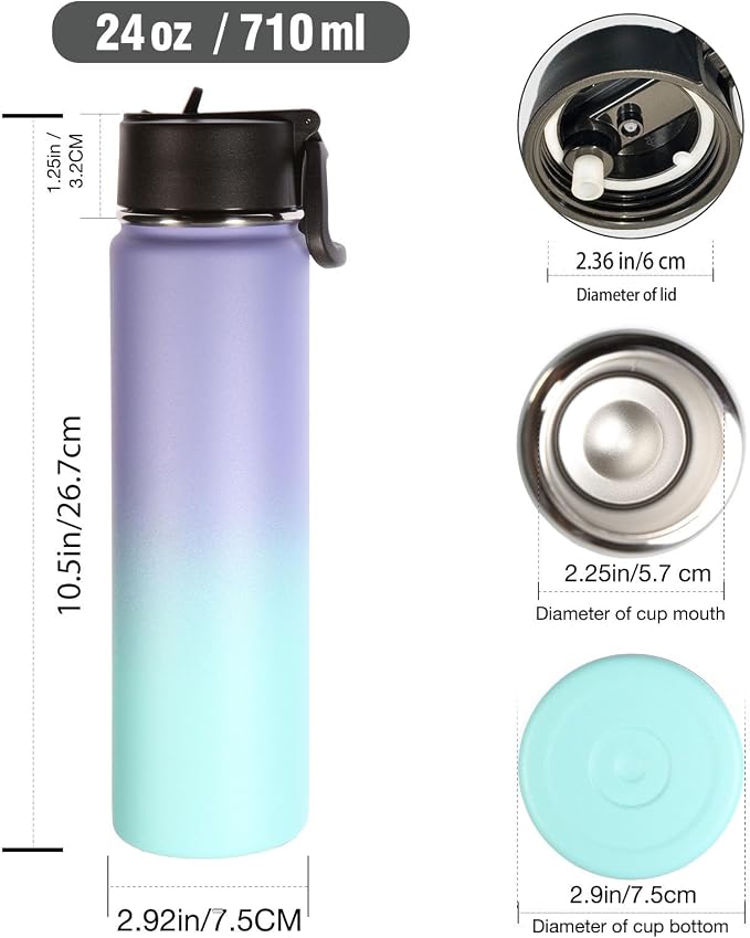 Volhoply 24 Ounce Insulated Water Bottle with Straw Lid,Stainless Steel Wide Mouth Sport Bottles with Handle,Double Wall Vacuum Cups Keep Cold,Reusable Travel Thermal Cups For Holder(Purple Blue,1)