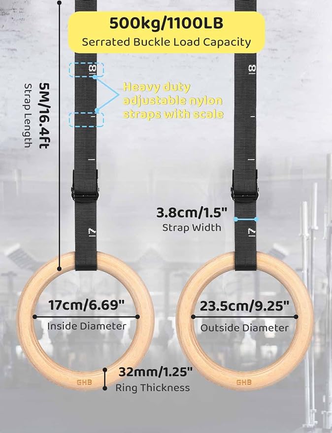 GHB Gymnastic Rings Wooden Gym Rings 1.25" Olympic Rings Adjustable Straps Pull Up Rings Sets for Workout Bodyweight Fitness Training
