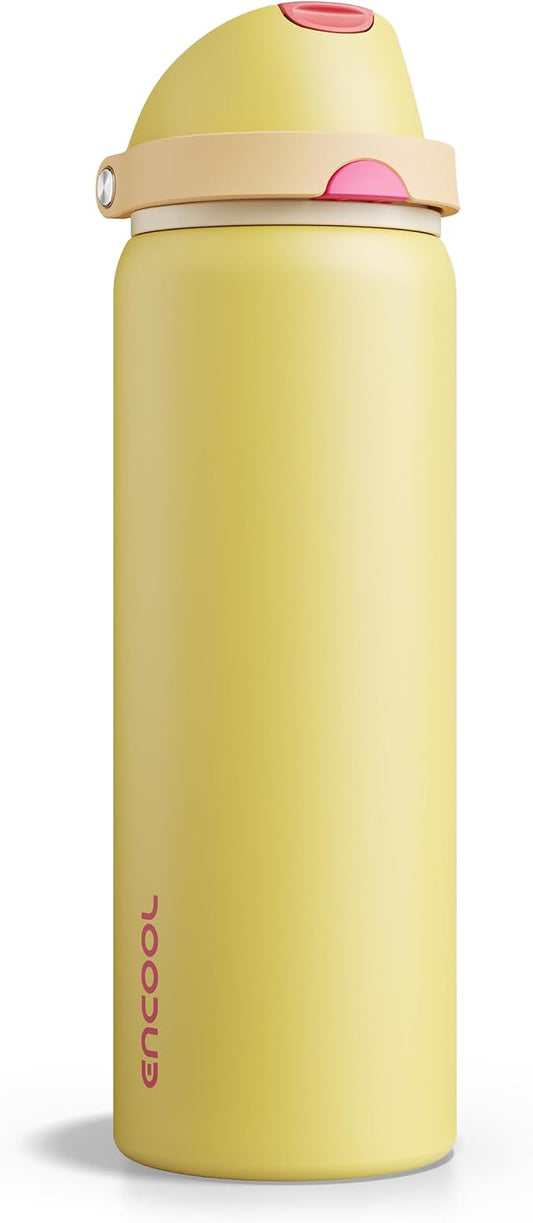 Insulated Water Bottle with Straw - Encool Stainless Steel Water Bottle with Push Button Lid, Leak-Proof & BPA-Free, Keeps Cold for 24 Hours for Sports, Travel, Gym (32 oz, Ginger)