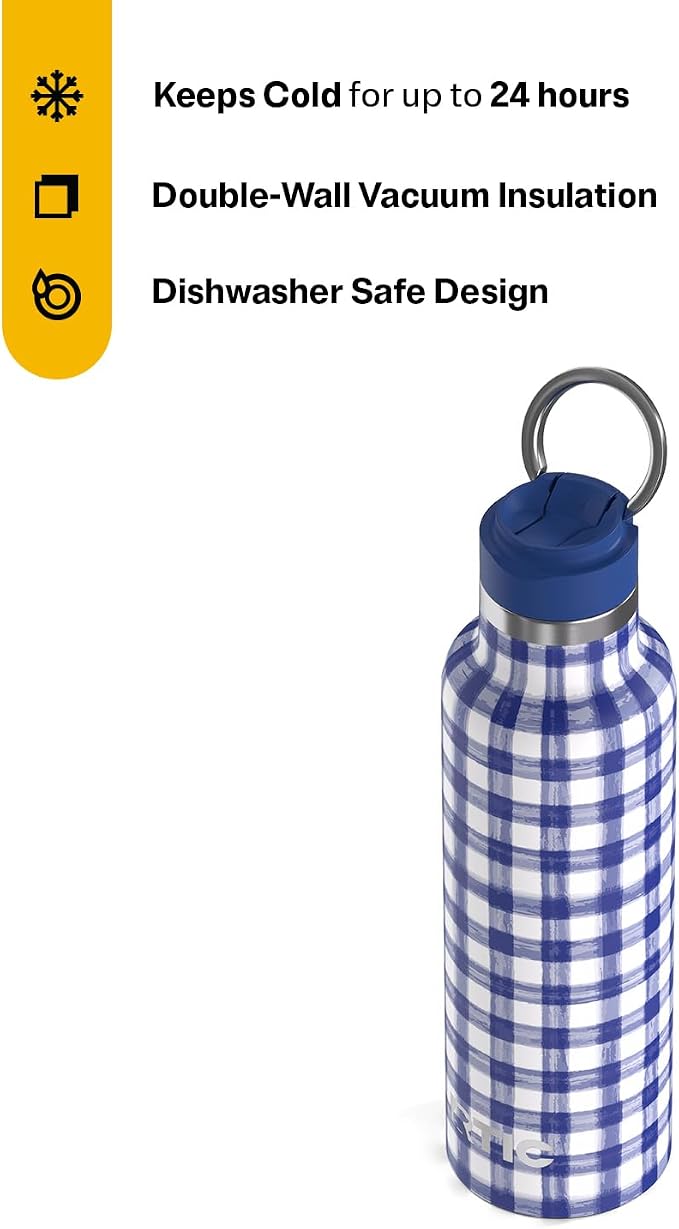 RTIC 20oz Journey Water Bottle Ceramic Lined Metal Stainless Steel Vacuum Insulated, BPA Free, Reusable, for Water, Hot and Cold Drinks, Travel, Sports, Camping, Cobalt Gingham