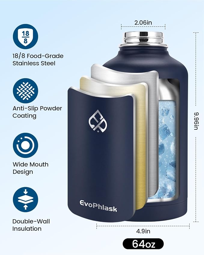 Insulated Water Bottle 64 oz with Carrier Bag, Dark Blue | Stainless Steel, Vacuum Insulated Keep Cold 48 Hrs, Half Gallon Large Water Jug, For Travel, Sport, Gym, Hiking