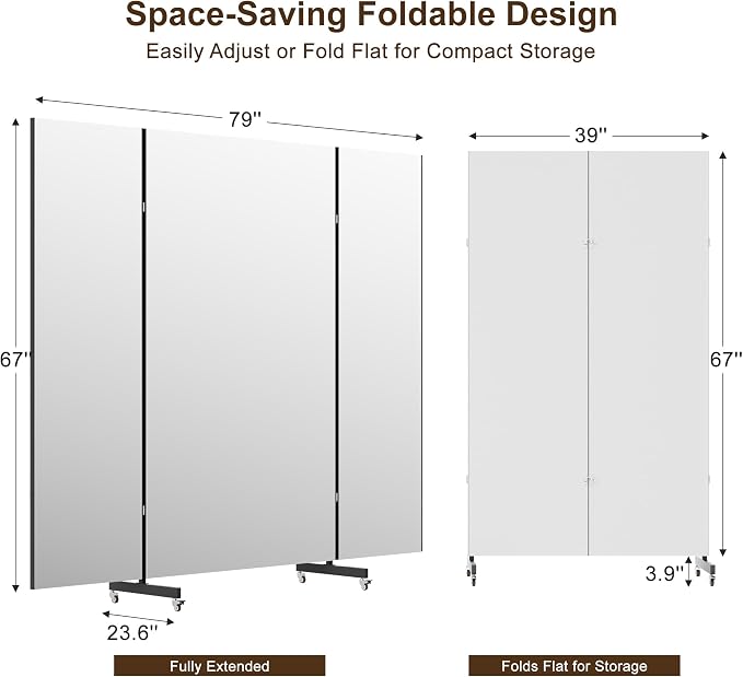 brisafe 79''×67'' Large Full Body Non-Glass Frameless Mirror on Wheels, NanoMirror 360° Swivel Shatterproof Unbreakable Foldable Fitness Mirror for Home Gym Yoga Dance Studio, Back | Tri-Fold Compact Storage, Nano Shatter-Resistant, Aerospace Aluminum,...