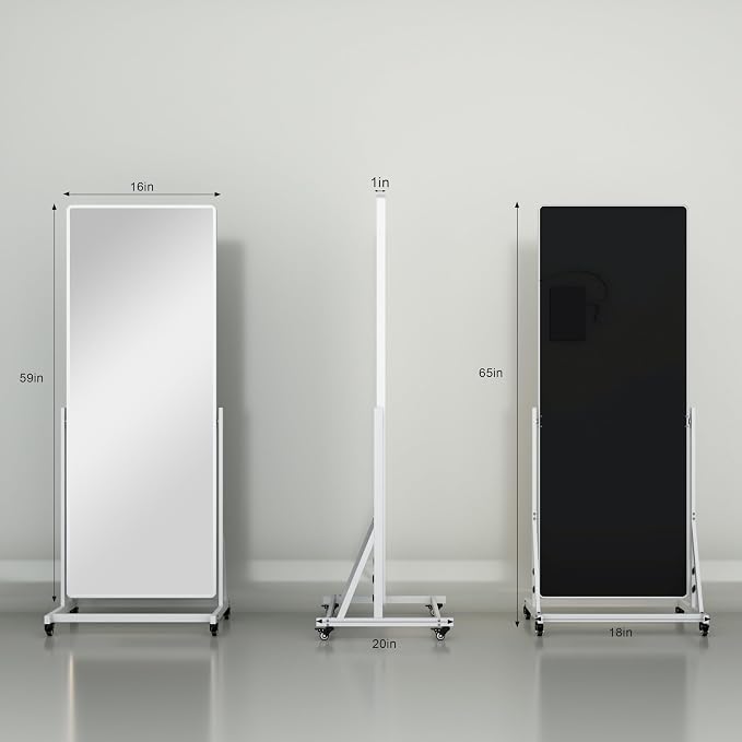 65"x18" Full Length LED Rolling Mirror, 360° Rotate | Tempered glass & metal frame, dimmable 3-color lighting, swivel stand, ideal for bedroom, dance studio & cloakroom.