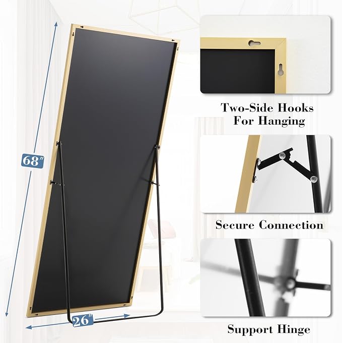 NEWBULIG 68"x26" Full Length Mirror, Full Body Standing Mirror, Gold | Leaning or Standing, Tempered Glass, Aluminum Alloy Thin Frame Floor Stand for Bedroom, Cloakroom