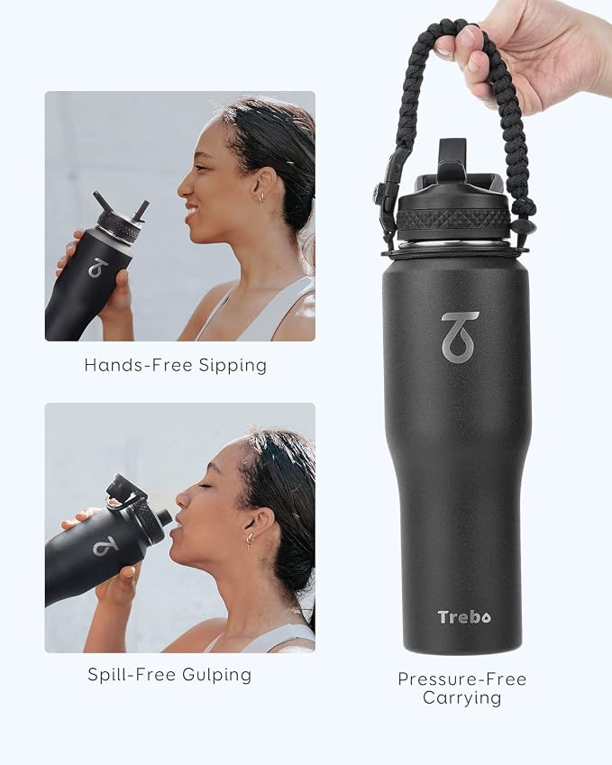 Trebo 32 oz Water Bottle Insulated Fits in Any Car Cup Holder with 2 Lids | Stainless Steel T-shape Tumbler with Paracord Handle, Triple Wall Vacuum Copper Plated, Cold 48 Hrs for Travel, Leakproof