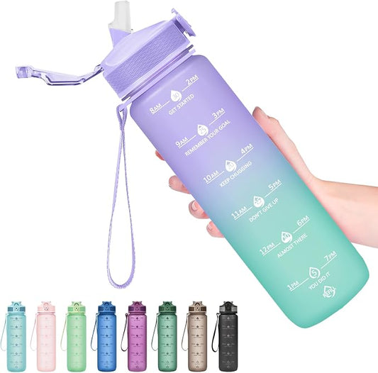 Hyeta Plastic Water Bottle With Straw & Time Marker, 32oz Leakproof Jug | Motivational Tritan BPA Free Gym Office Outdoor Intake Tracker Hourly Reminder Straw Lid Lightweight