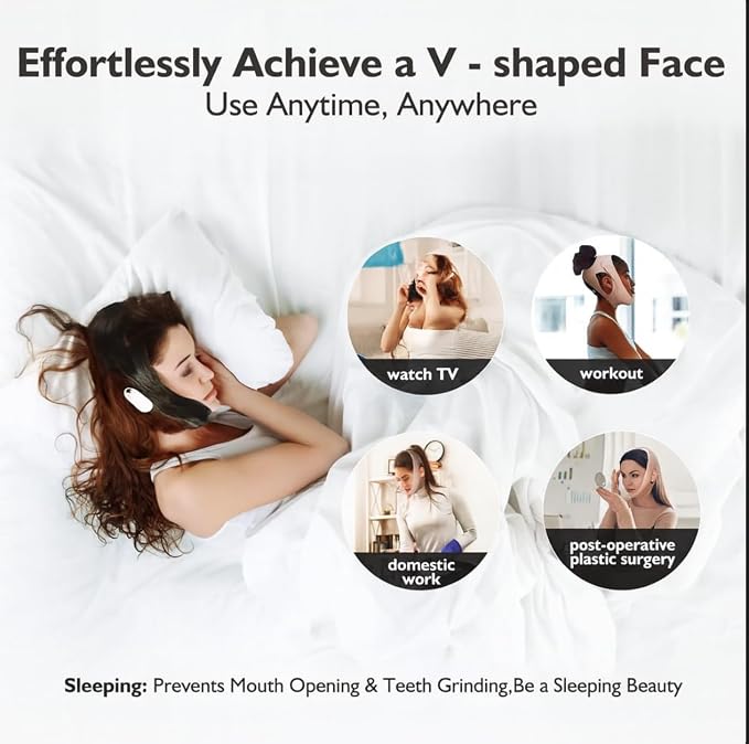 Jawline Shaper Chin Strap for Sleeping, Reusable V-Line Mask for Women Face Lifting Made w/Electric-Hot-Press Tech for Skin-Friendly & Breathable Cooling Fabric (Pure Black, One Size)