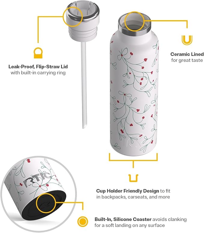RTIC 20oz Journey Water Bottle Ceramic Lined Metal Stainless Steel Vacuum Insulated, BPA Free, Reusable, for Water, Hot and Cold Drinks, Travel, Sports, Camping, Mistletoe
