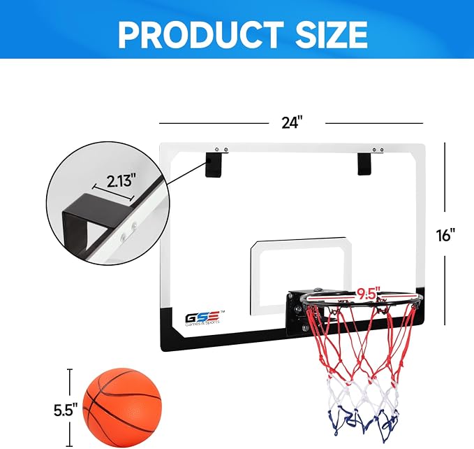 GSE Over-The-Door Basketball Hoop with Basketball & Pump, for Home & Office | Wall-Mounted Basketball Hoop Complete Accessories, Clear Impact-Resistant PC Backboard, PVC Basketball, Several Style Choice