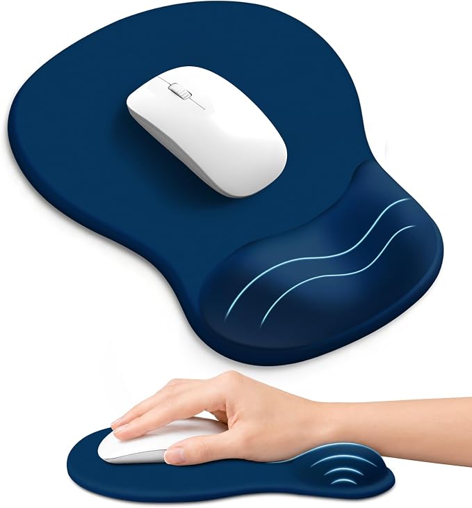 Ergonomic Mouse Pad with Wrist Rest, Gel Wrist Support, Navy Blue | 10.2 x 7.6 in Mouse Pad with Smooth Fabric Surface and Non-Slip Rubber Base for Office, Home, Study, and Gaming