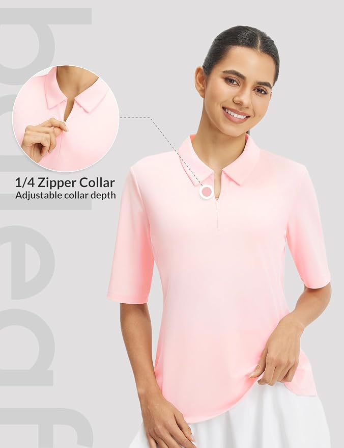 baleaf Womens Golf Shirts Half Sleeve Elbow Length Polo Tops | Stretch, Sun Protection UPF 50+, Quick Dry, Breathable, Moisture Wicking, Quarter Zip V Neck, Ideal for Golf Work Casual