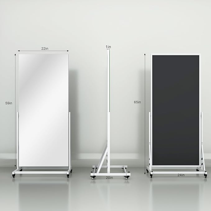 65" x 24" Full Length Rolling Mirror on Wheels for Home Gym, 360° Rotate | Tempered glass & metal frame, 360° rotation, standing holder included, ideal for bedroom, dance studio, fitness training