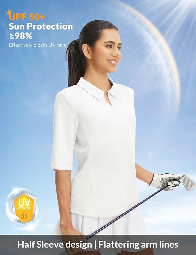 baleaf Womens Golf Shirts Half Sleeve Elbow Length Polo Tops | Stretch, Sun Protection UPF 50+, Quick Dry, Breathable, Moisture Wicking, Quarter Zip V Neck, Ideal for Golf Work Casual