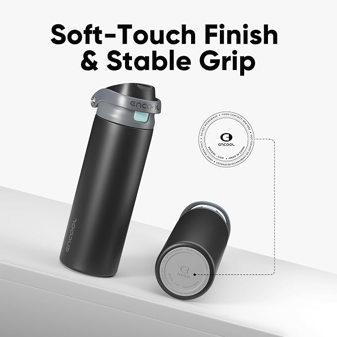 ENCOOL Leakproof Insulated Water Bottle with Straw Dual-Sip Water Bottle Bag-Safe Design for Work, Commute & Gym – Keeps Drinks Cold All Day, 32 oz, Charcoal Gray