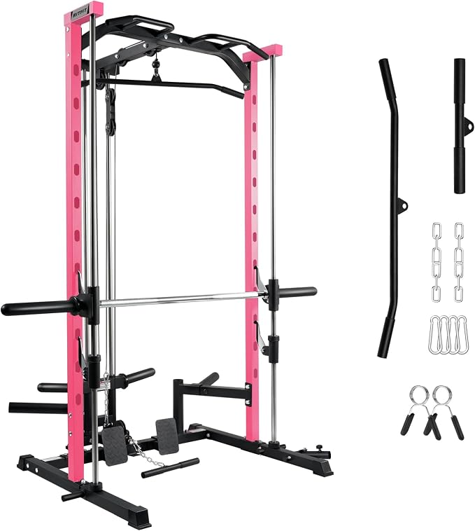 RitFit Smith Machine Power Rack with LAT-Pull Down System | Half Smith Machine with Landmine, Barbell Bar, Plate Storage Pegs and More Training Attachment