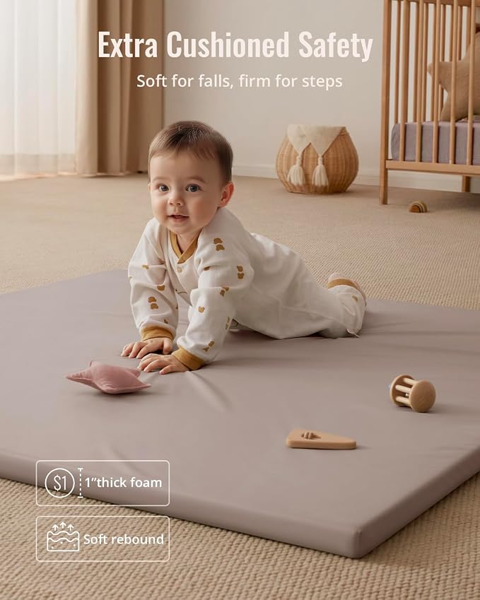 Blissful Diary Vegan Leather Baby Play Mat, 50''x50'', Taupe | thick cushion, safe and soft fabric, waterproof and wip clean, indoor use, non-slip bottom, stylish mordern decor