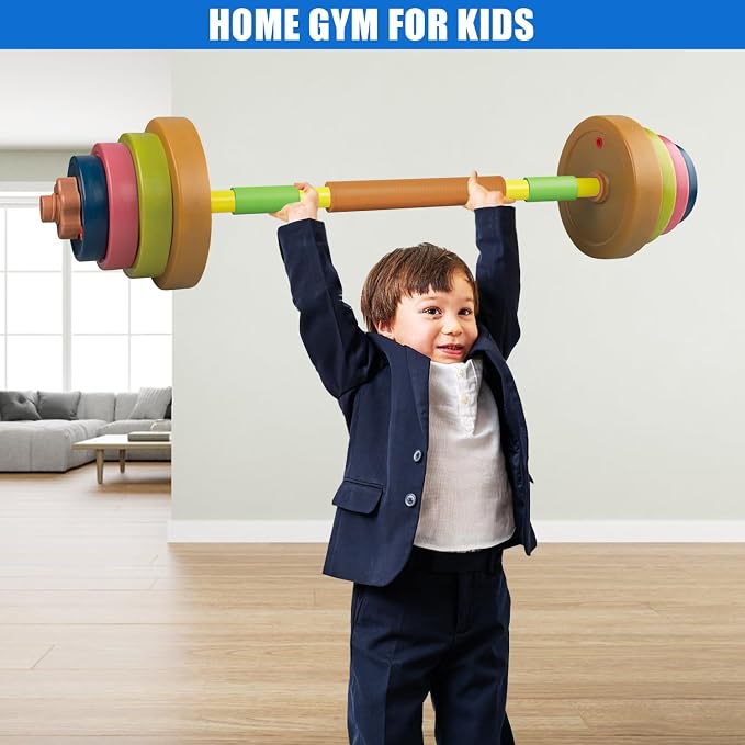Kids Exercise Weight Set, Barbell and Dumbbell Workout Equipment, Toddler Beginner Gym Toy for Pretend Play Lifting Exercise & Fitness, Adjustable Fill with Sand or Water