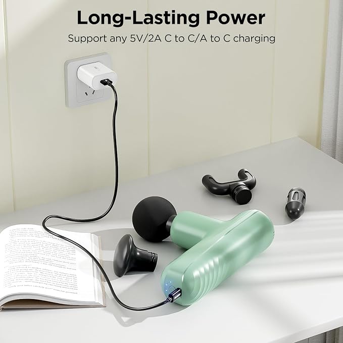 Mini Massage Gun, Powerful Handheld Muscle Massager for Muscle Relaxation, Deep Tissue Percussion Small Massage Gun Travel Massager with 4 Massage Heads Silent Brushless Motor, Green