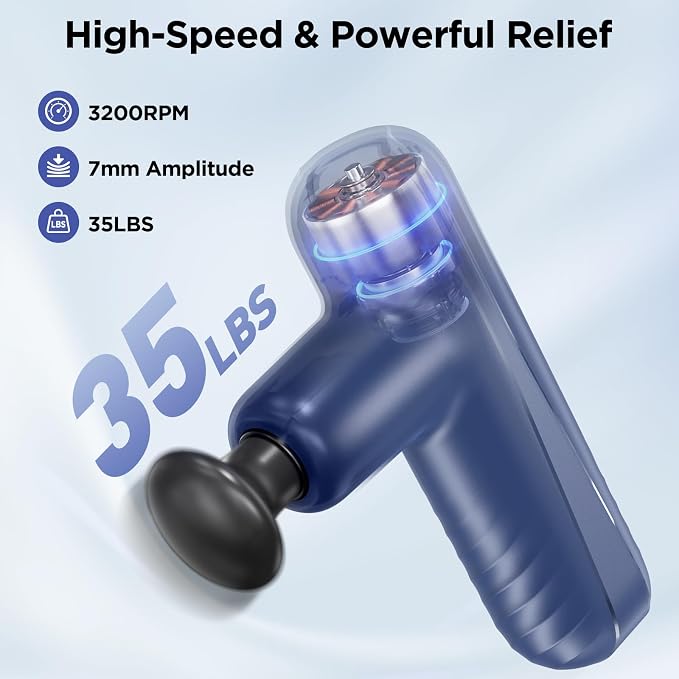 Mini Massage Gun, Powerful Handheld Muscle Massager for Muscle Relaxation, Deep Tissue Percussion Small Massage Gun Travel Massager with 4 Massage Heads Silent Brushless Motor, Blue