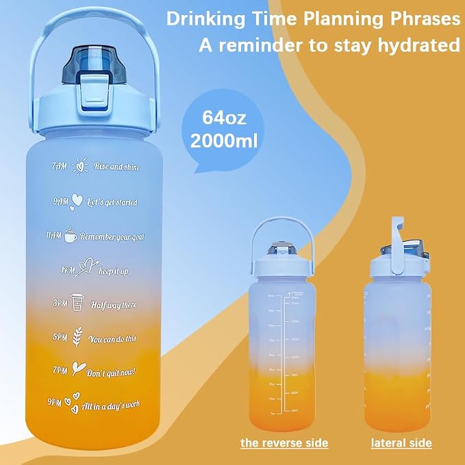64 oz Large Capacity Water Bottle with Motivational Time Markers and Straw, Portable, Leakproof, BPA Free for Fitness, Gym and Outdoor Sports. (blue gradient)