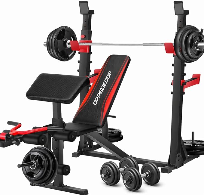 OPPSDECOR 900LBS Weight Bench Set with Squat Rack Preacher Curl Weight Bench with Leg Extension Bench Press Set Workout Bench for Home Gym Full Body Workout