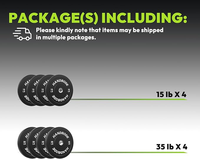 HANDBODE 2-Inch Weight Plates High Bounce, Olympic Bumper Plate Set 45/100/160/190/260/300lb, Colored Weight Plates Set for Home Gym, Barbell Weights Rubber Strength Training Plate for Weight Lifting