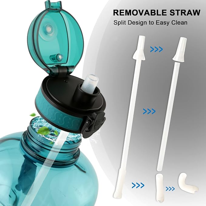GEMFUL 100oz Big Water Bottle with Straw 3000ml Large Sport Jug (Cyan) | BPA Free, Leak-proof, Time Marker, Wide Mouth for Easy to Clean, Sturdy Handle for Carry, for Gym, Home, Office, Outdoor