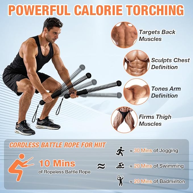 2PCS Ropeless Battle Ropes, Weighted Cordless Battle Ropes for Home Gym, Portable Silent Workout Rope Fitness Equipment for Full Body Toning, Low-Impact Workout, Strength & HIIT, Black