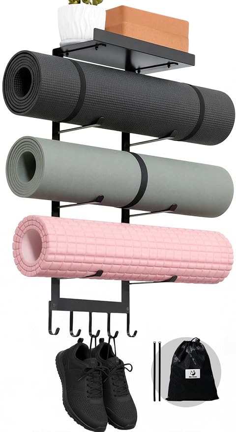 Yoga Mat Holder Wall Mount with Mesh Bag | 4-Tier Metal Storage Rack, Floating Shelf & 5 Hooks, Large Home Gym Organizer