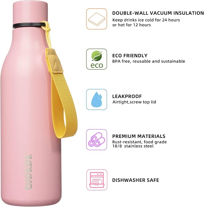 BJPKPK 18oz Insulated Water Bottle, Stainless Steel Bottle with Carry Strap | Keep Cold & Hot Vacuum Insulation, Leak-Proof BPA-Free Design, Slim Bottle Fits Most Cup Holders for Gym, Office & Travel