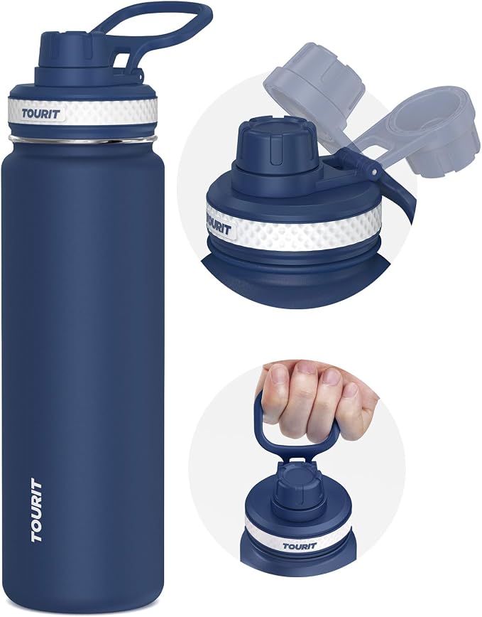 TOURIT 24 oz Stainless Steel Sports Water Bottle with Handle, Midnight Blue | Double-wall insulated vacuum thermal flask, 100% leakproof & BPA-free, lightweight beverage container for gym & travel
